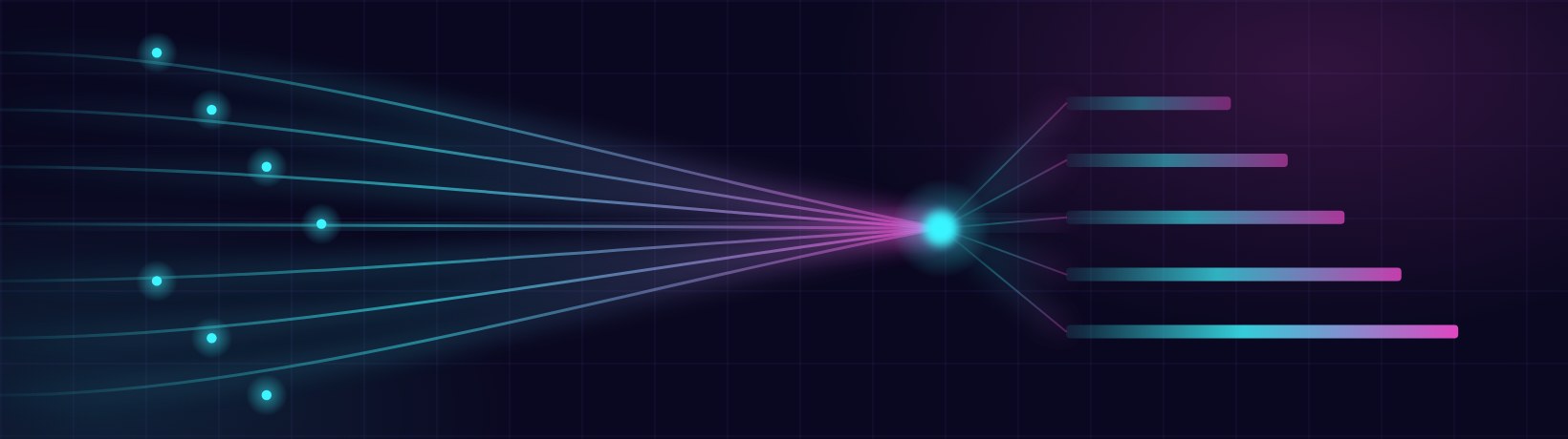 Abstract diagram in the site palette: several streams curve into one bright hub and leave it as a stack of bars